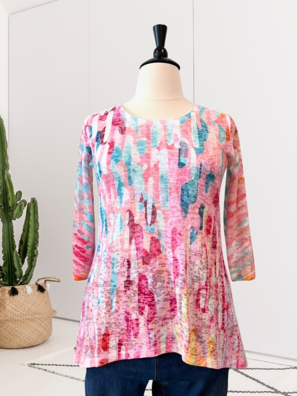 Whimsy Rose 3/4 Sleeve Brushstroke Baby Waffle Tunic Top
